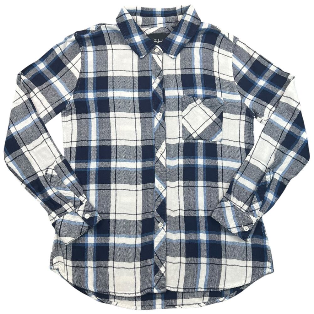 Rails Hunter Plaid Button Down Shirt Womens S Blue White Rayon Flannel Top